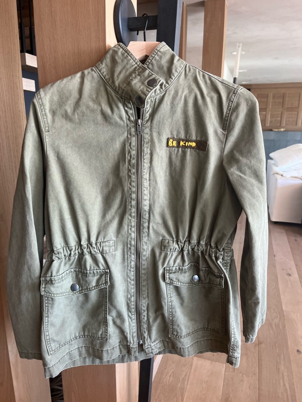 Women's Olive Green Utility Jacket - "Be Kind" Embroidery